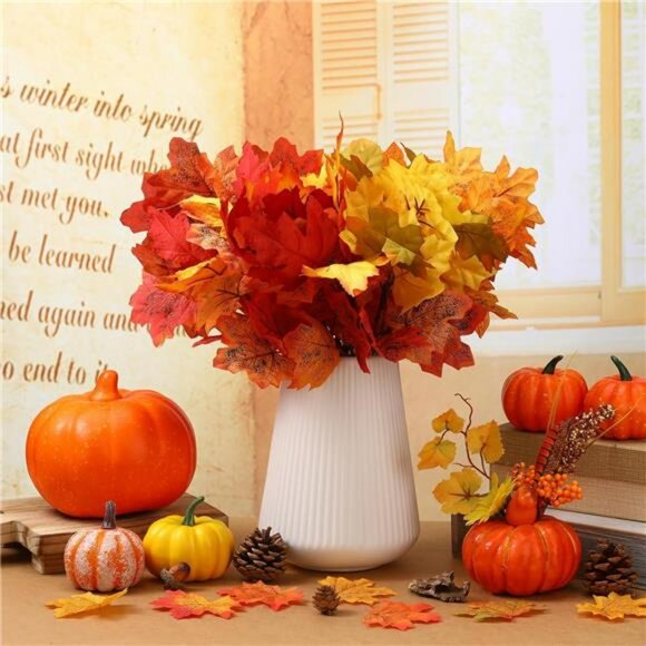 Artificial Maple Leaves Stems 8 Pack Fall Branches Faux Autumn Decor Centerpiece - Picture 2 of 7